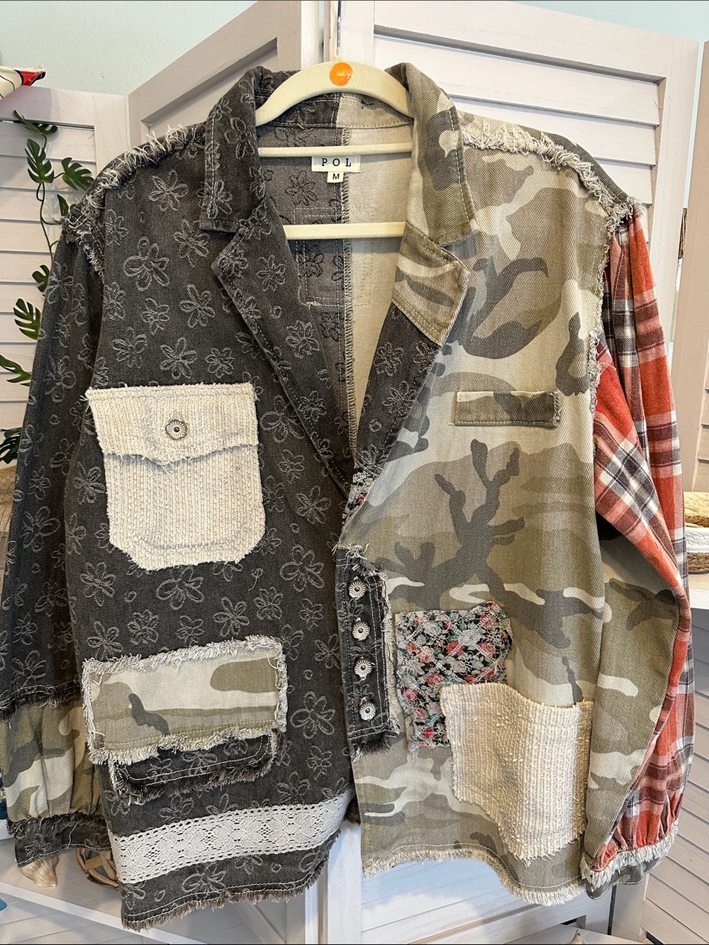 POL Mixed Patchwork Military Jacket - Olive Camo, Charcoal & Rust Plaid